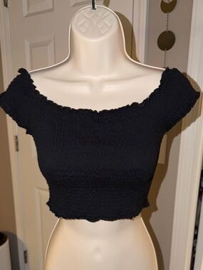 Showpo Black Smocked Off-Shoulder Crop Top